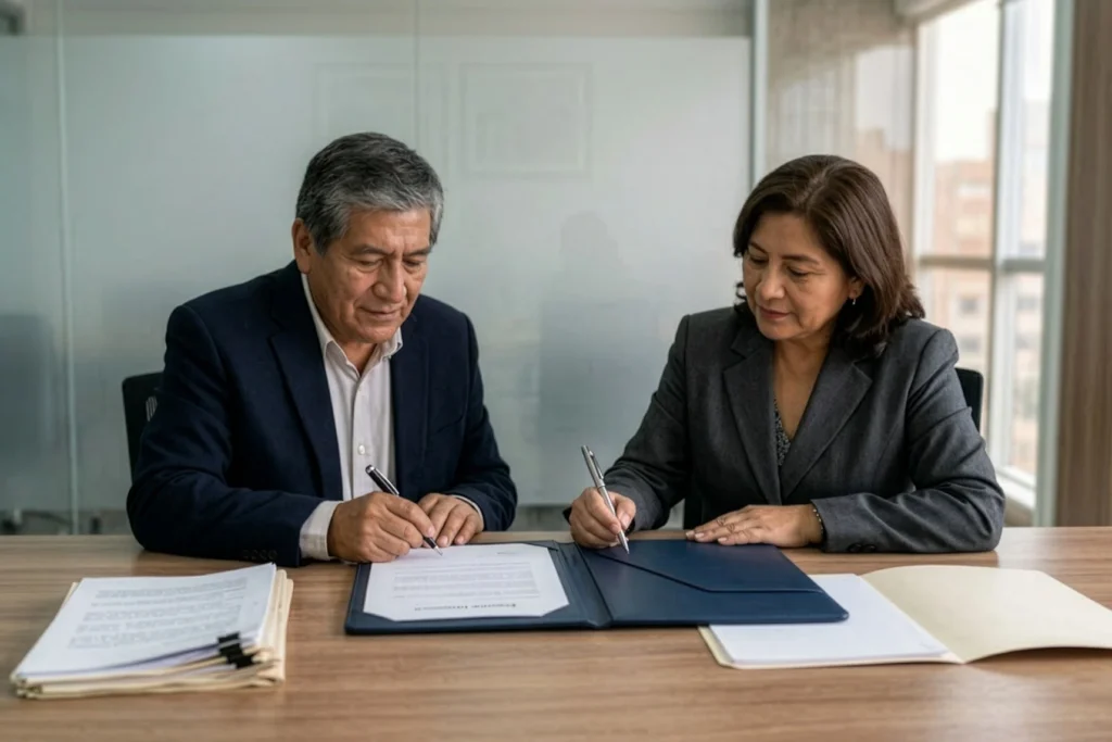 Personas firmando un acuerdo de mutuo disenso para dejar sin efecto un contrato en Perú