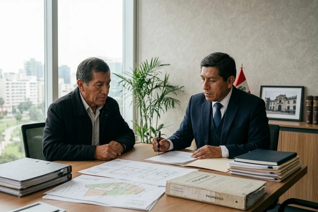 Abogado revisando documentos para un caso de prescripción adquisitiva de inmueble en Perú