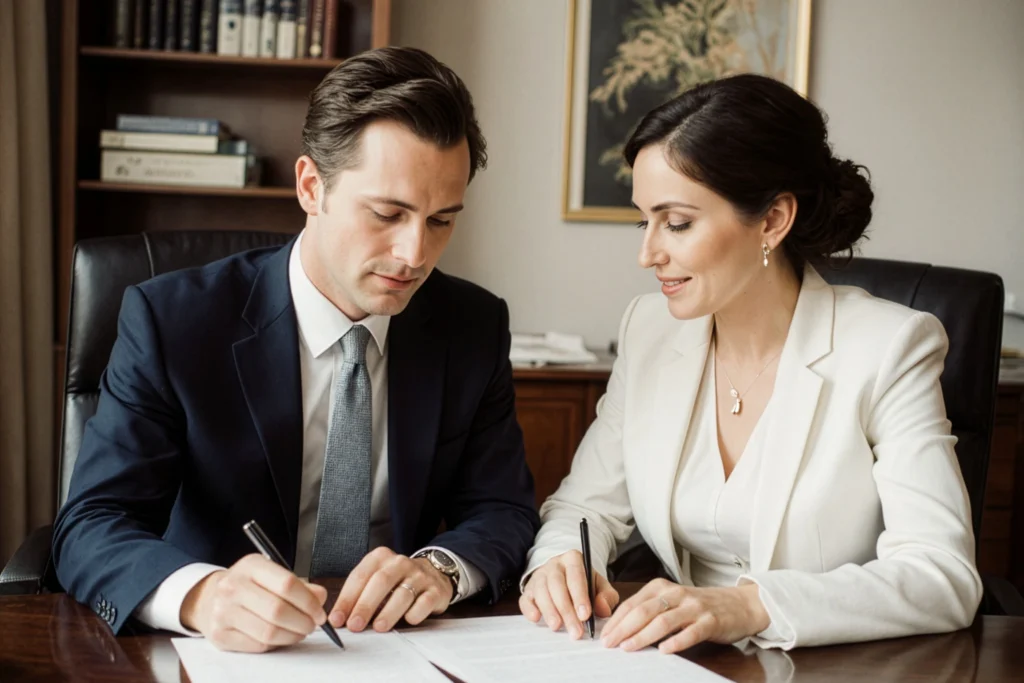 Pareja firmando documentos para el reconocimiento de una unión de hecho en Perú