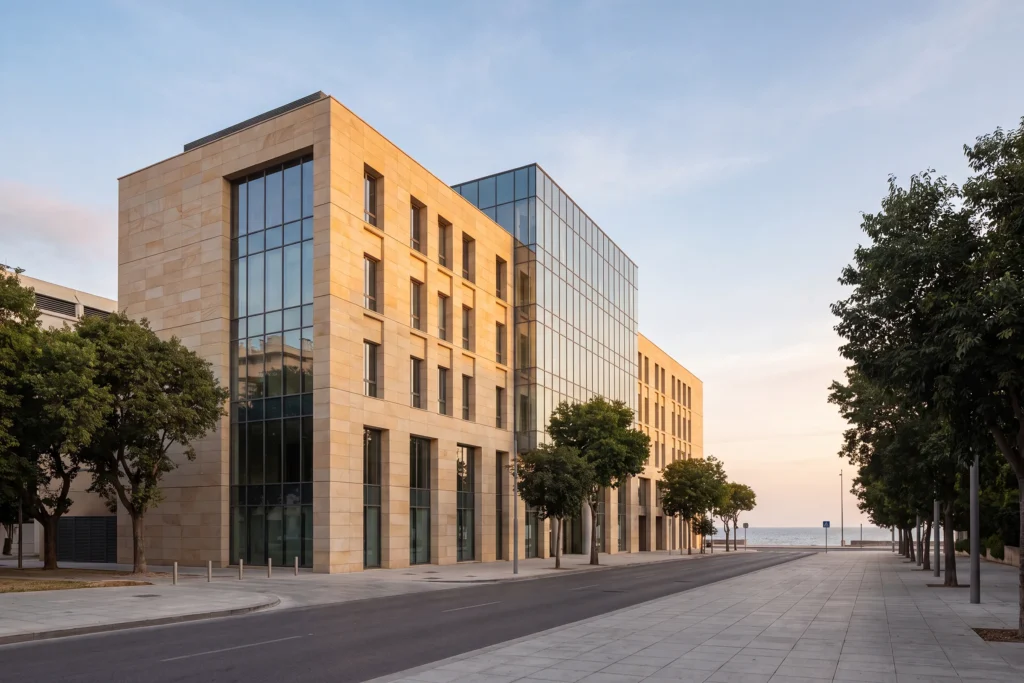 Edificio corporativo moderno que representa al estudio de abogados Pasquel Bustamante en Perú