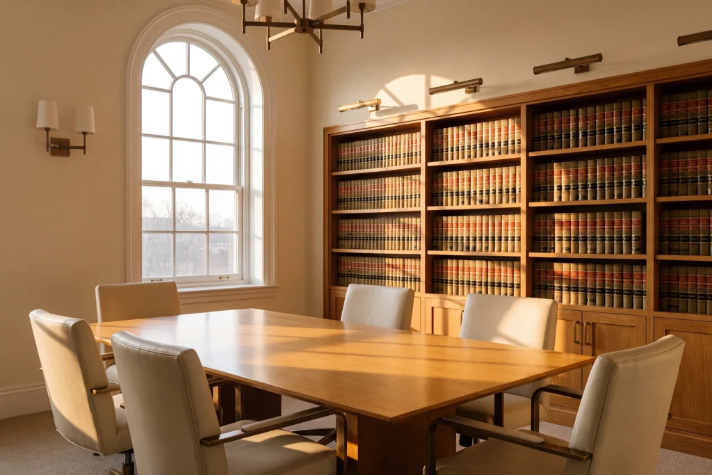 Sala de trabajo que representa al estudio Pasquel Bustamante, con mesa de reuniones y estanterías de libros jurídicos