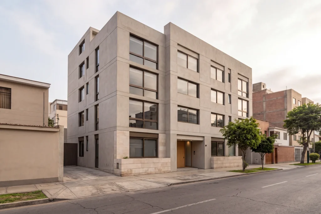Edificio de oficinas en un entorno urbano peruano, imagen ilustrativa de las áreas de práctica de Pasquel Bustamante.