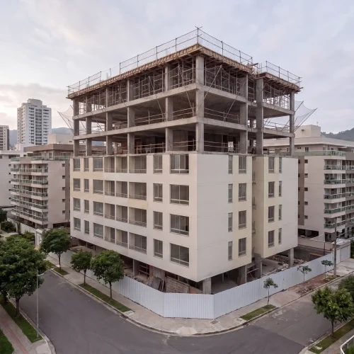Edificio de departamentos en planos en construcción, con las plantas superiores aún en estructura de concreto