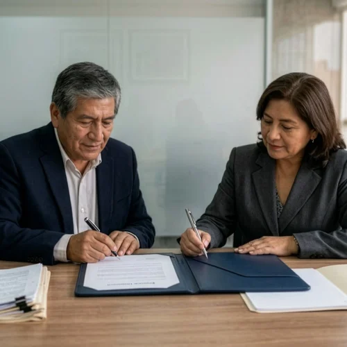 Personas firmando un acuerdo de mutuo disenso para dejar sin efecto un contrato en Perú