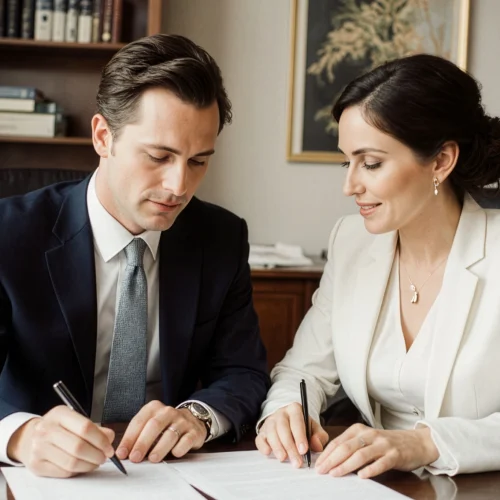 Pareja firmando documentos para el reconocimiento de una unión de hecho en Perú